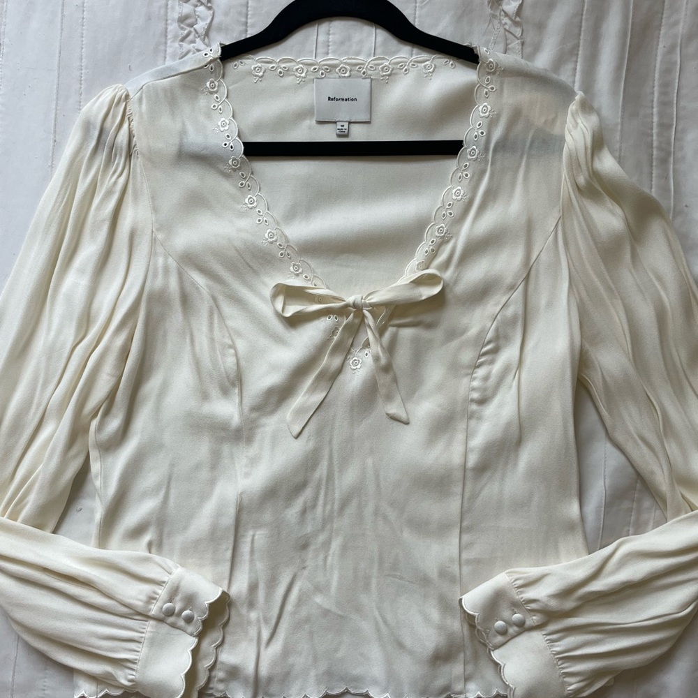 Reformation Cream Blouse with Tie Front and Long Sleeves